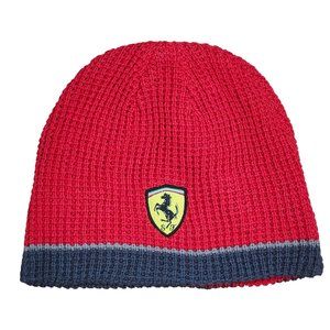 Scuderia Ferrari Reversible Red Gray Knit Beanie Hat SF Shield Logo Stripe Trim